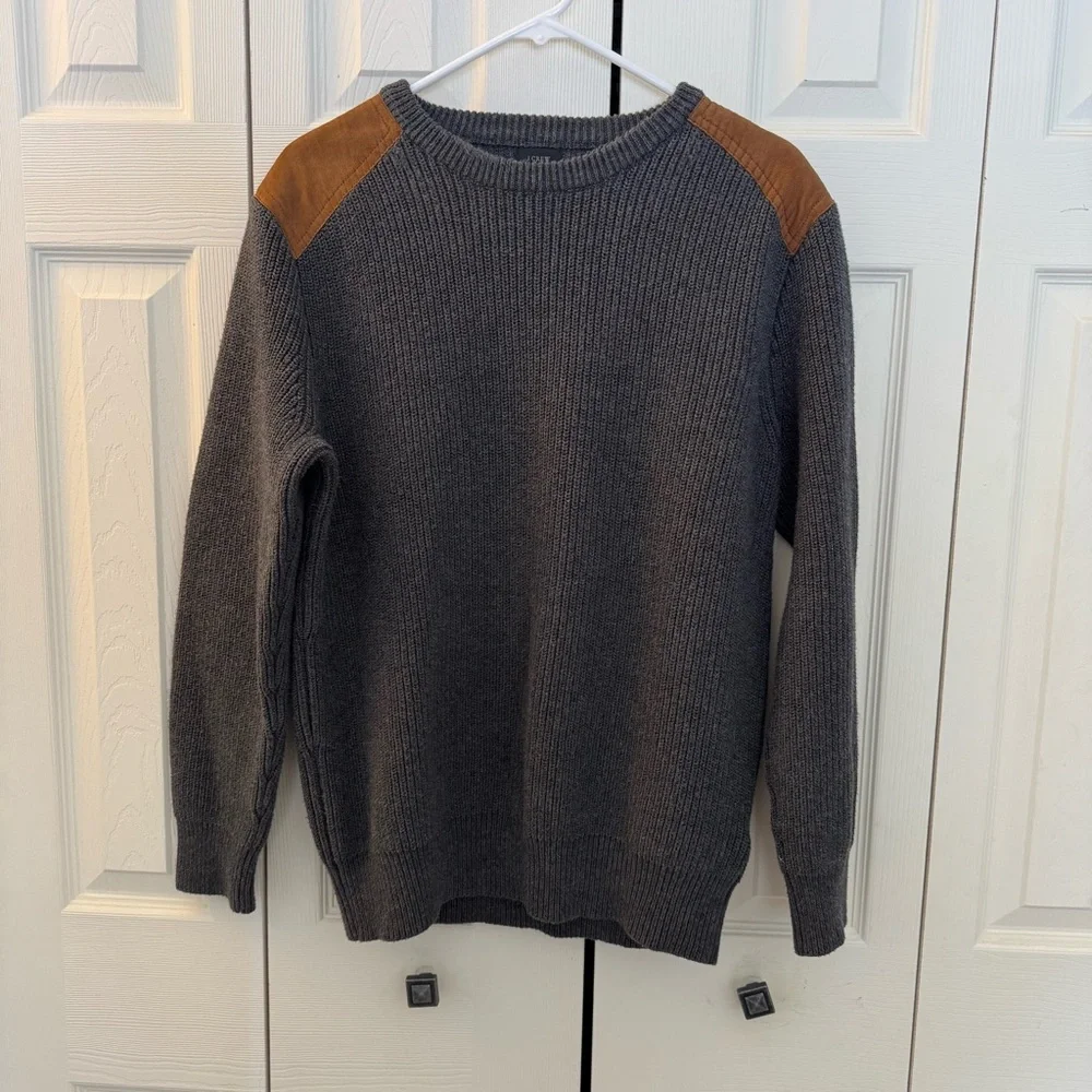 Men's J Crew Cotton Crewneck Sweater Genuine Leather‎ Patches Gray Size L